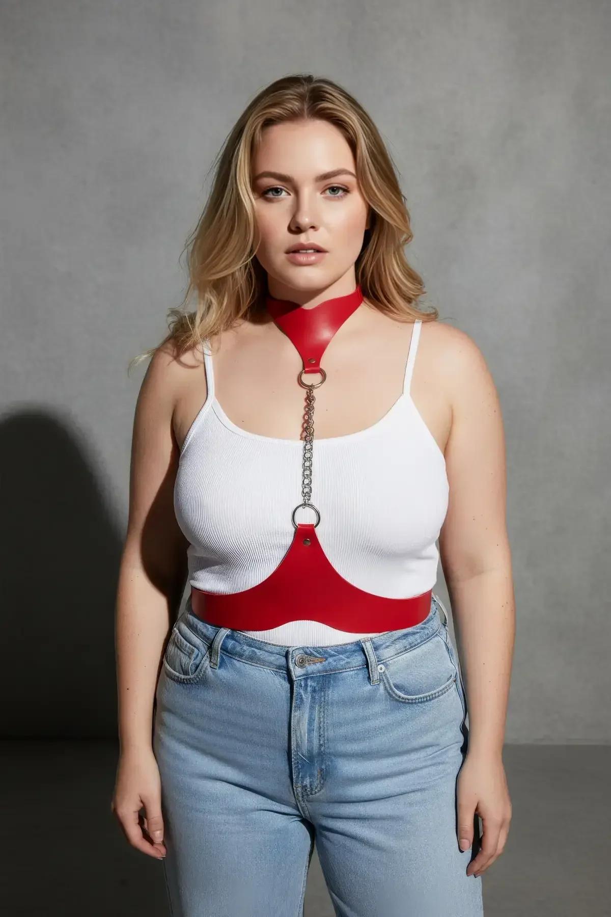 red vegan leather accessory set choker and belt styled elegantly in a Parisian cafe setting