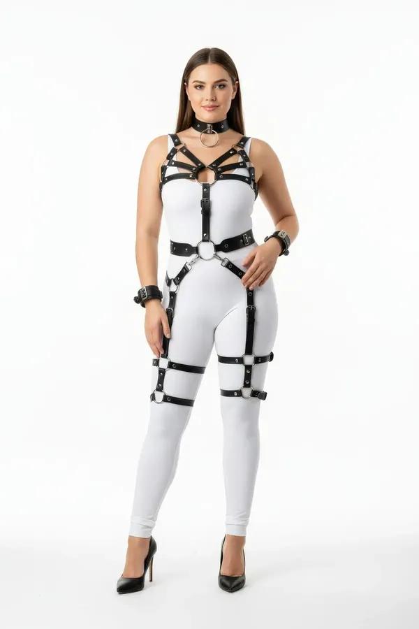 siyah vegan deri full body harness takım büyük beden gümüş O-halka ve metal toka beş parça
