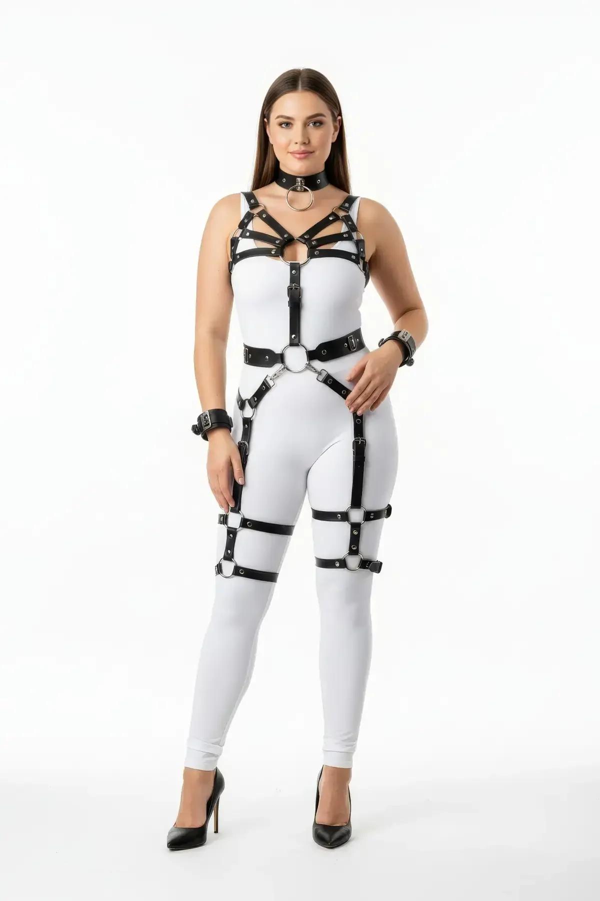 siyah suni deri full body harness takım büyük beden gümüş O-ring detaylı göğüs haznesi choker bacak jartiyeri