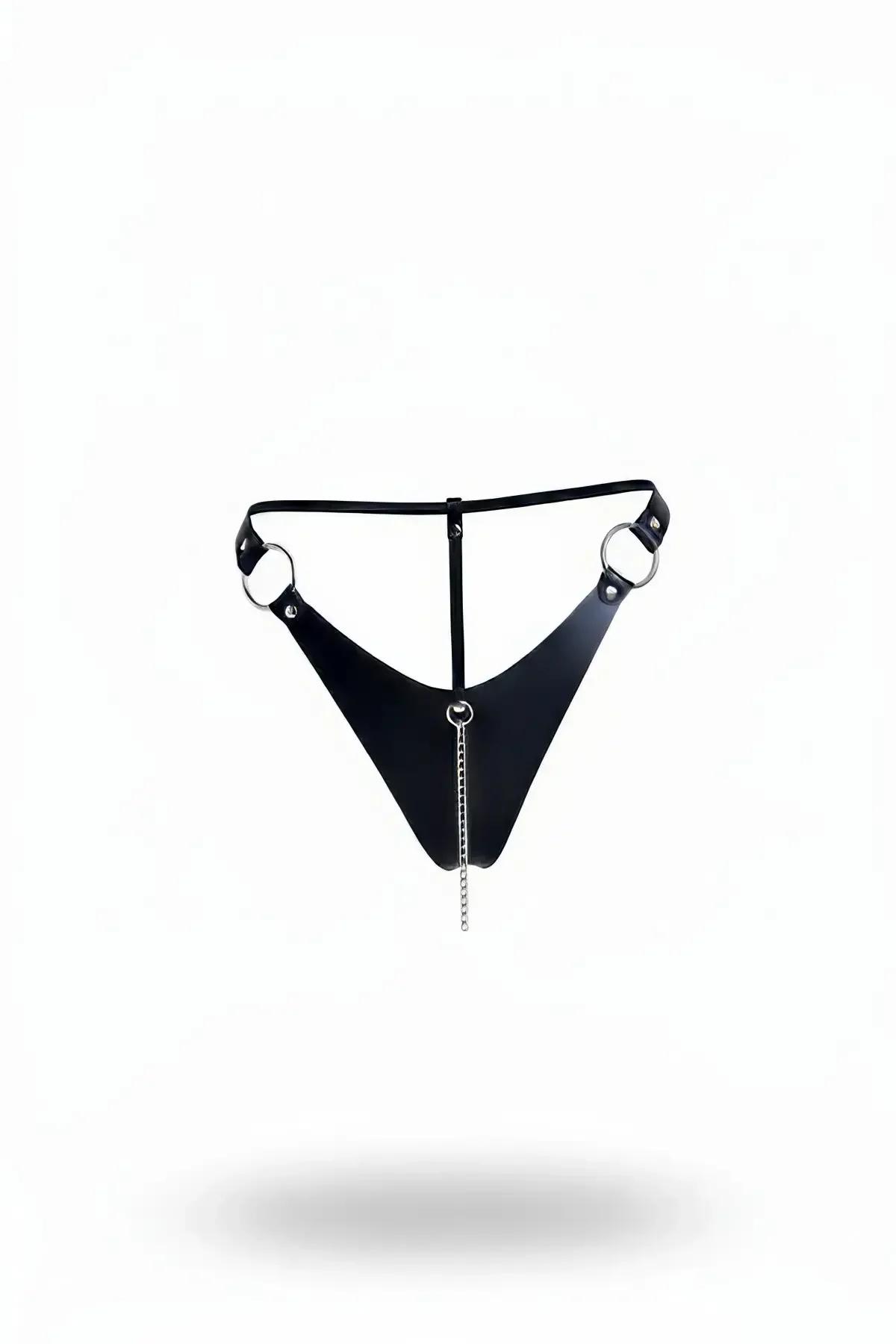 Black faux leather thong harness with two silver O-rings and dangle chain, front view on white background