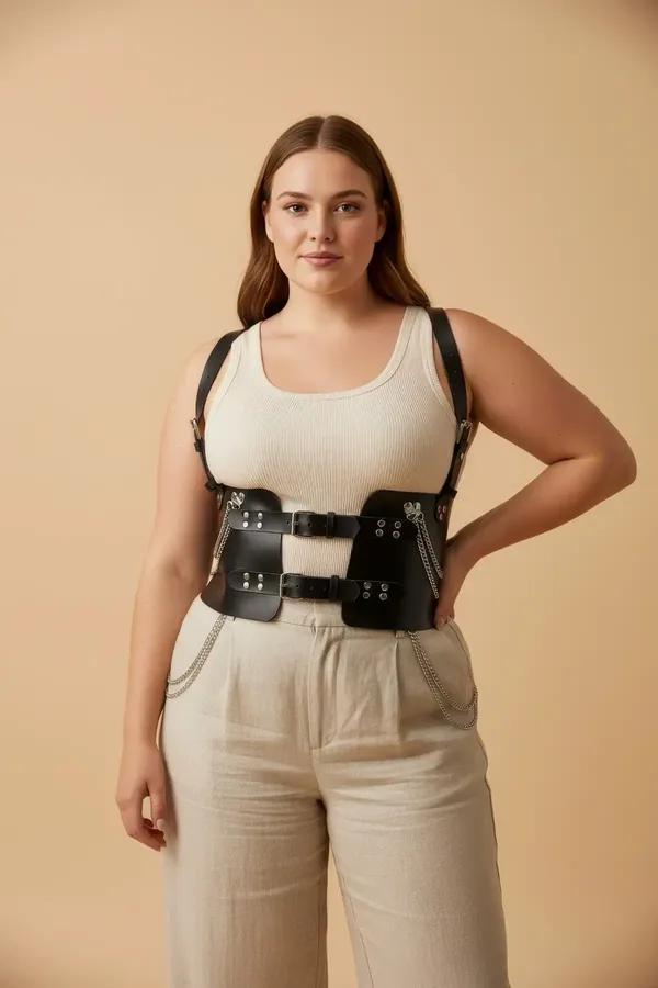 black faux leather underbust body harness with silver chain accents and buckle hardware worn over white top