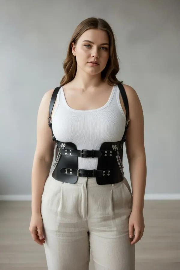 black faux leather underbust body harness with silver chain accents and buckle hardware worn over white top