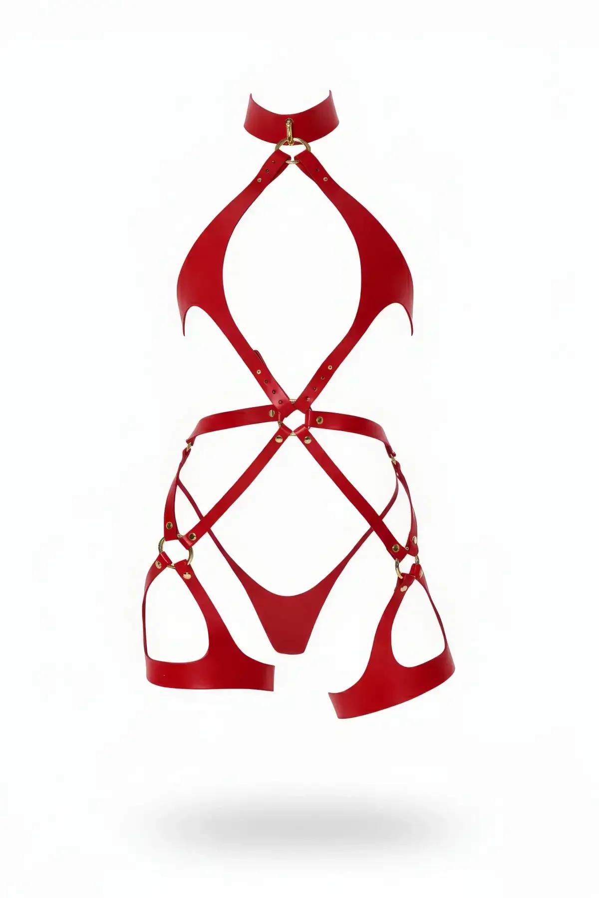 Red faux leather caged full body harness with gold O-rings, collar to thigh strap cage design on white background
