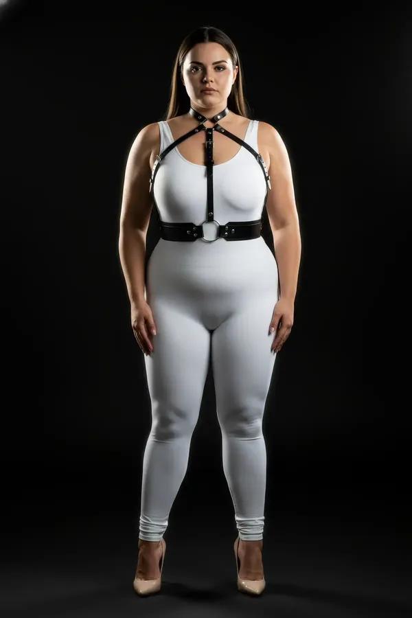 black faux leather strappy chest harness with silver O-ring underbust closure worn over white outfit plus size model