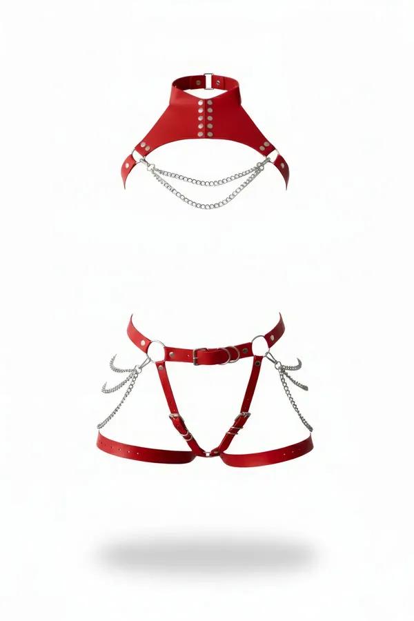 Kırmızı vegan deri harness takımı gümüş zincir ve O-ring detaylı 2 parça jartiyer set