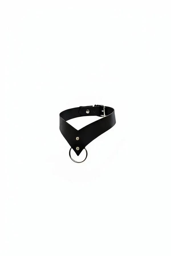 Black faux leather V-neck choker with silver O-ring accent and buckle closure on white background
