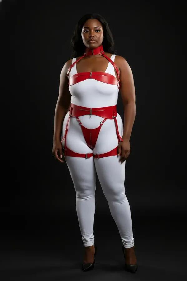 Red patent faux leather body harness and garter set with silver zip hardware and choker collar, front view on model