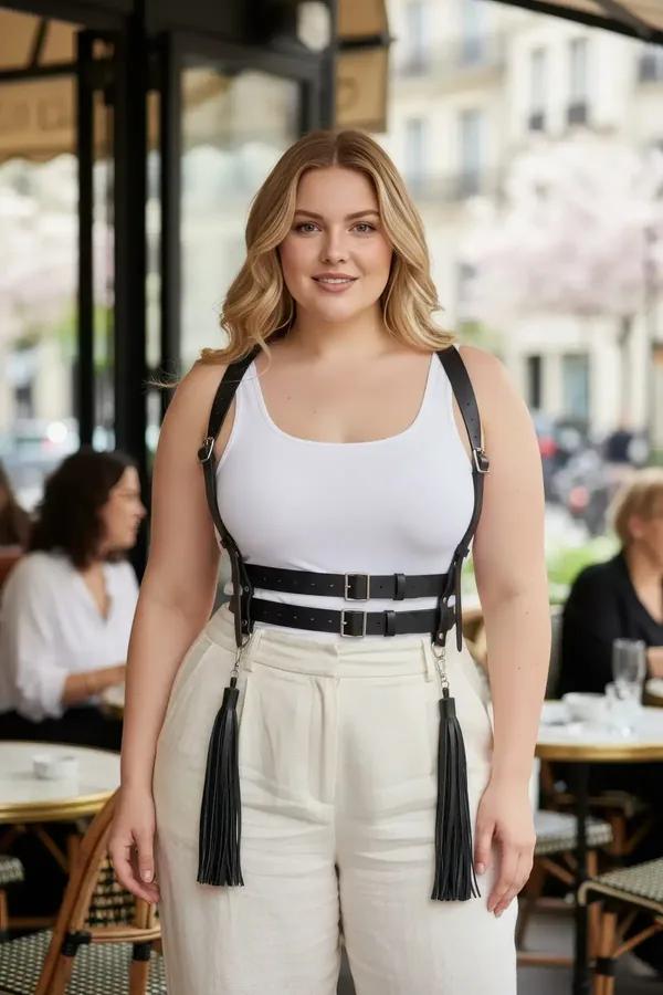 Black faux leather body harness with double silver buckle waist band and four tassels worn over white tank top