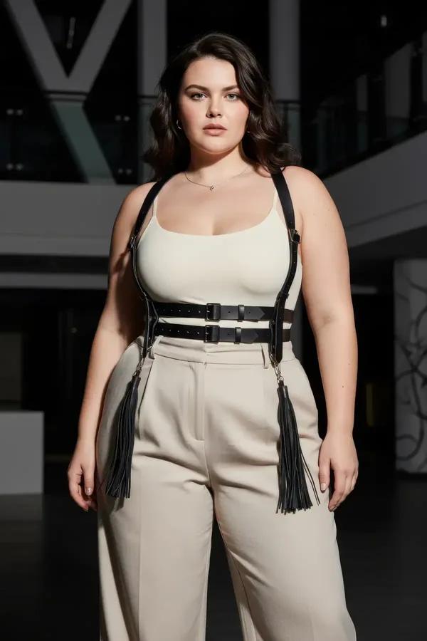 Black faux leather body harness with double silver buckle waist band and four tassels worn over white tank top