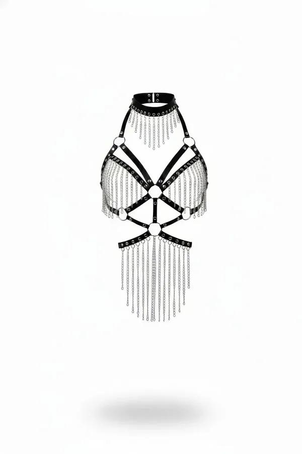 Siyah vegan deri zincirli body harness choker yaka, üç katlı gümüş zincir saçak ve O-ring detayı