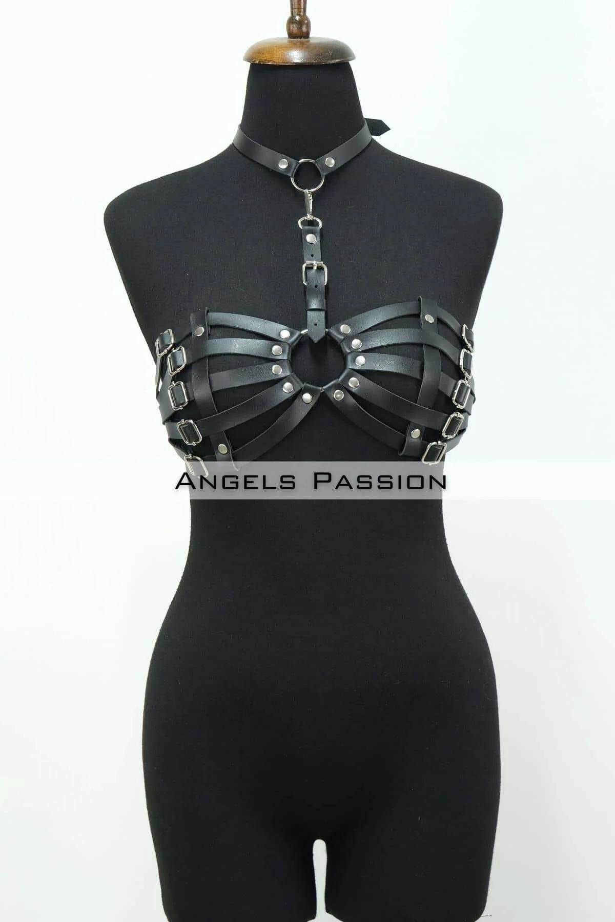 black faux leather cage bra harness with O-ring choker silver buckles and multi-strap bust design on mannequin