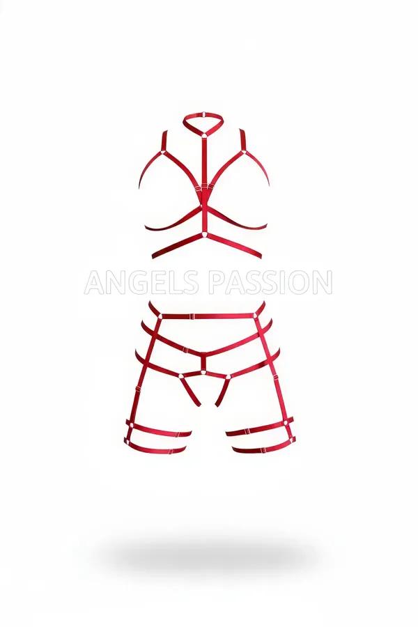 Kırmızı harness takım yüksek boyunlu metal halka detaylı, parlak elastik bantlı göğüs ve bacak harness set