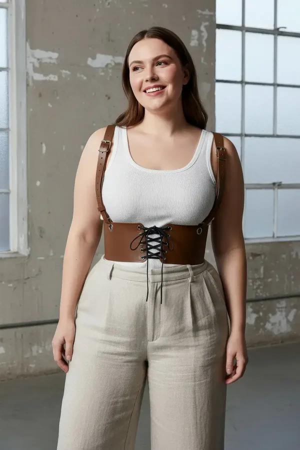 tan faux leather underbust corset harness belt with black lace-up front and gold shoulder buckles worn over white tank top