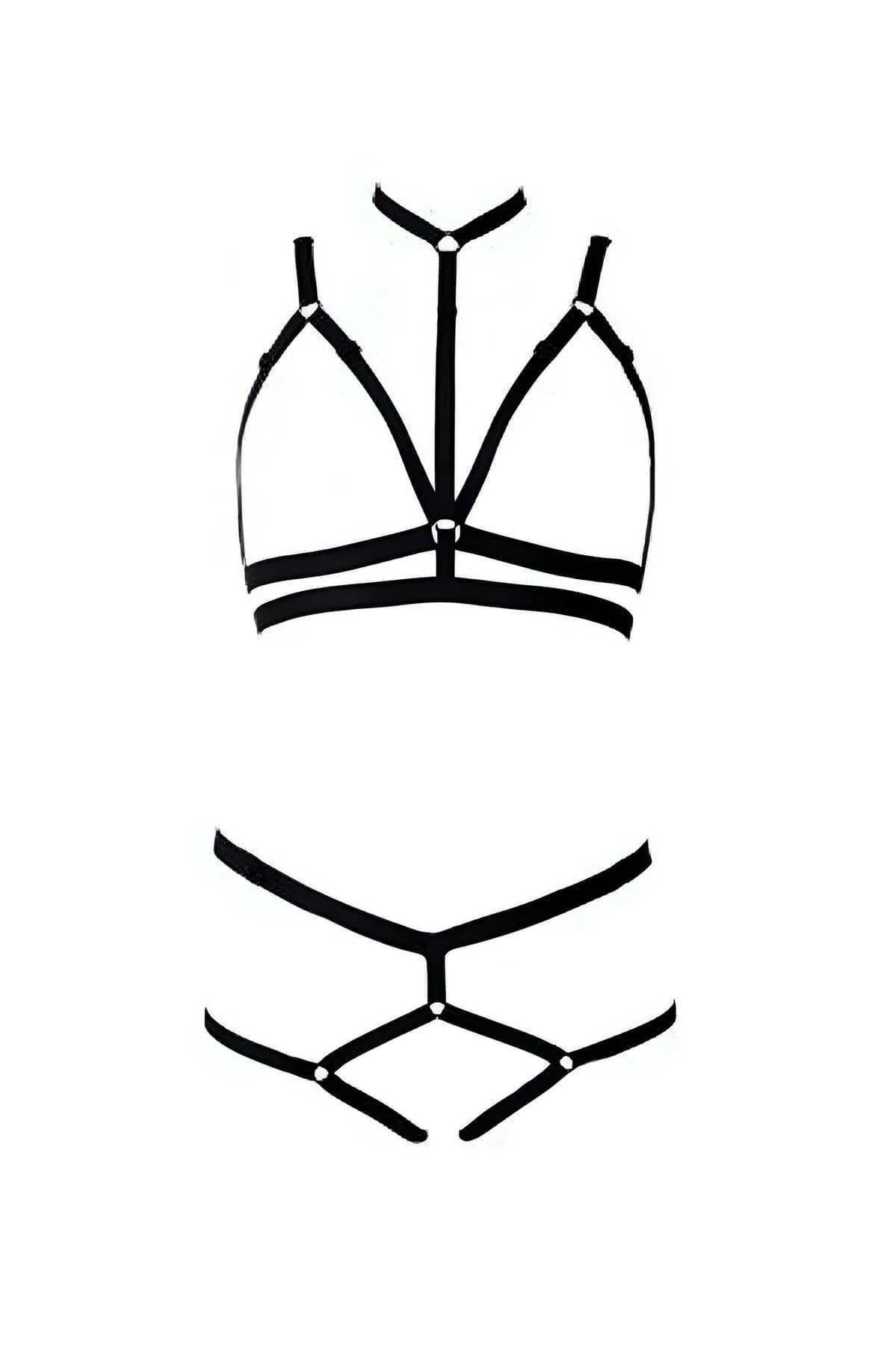 Black elastic thong with cage-strap front panel matching harness bra set