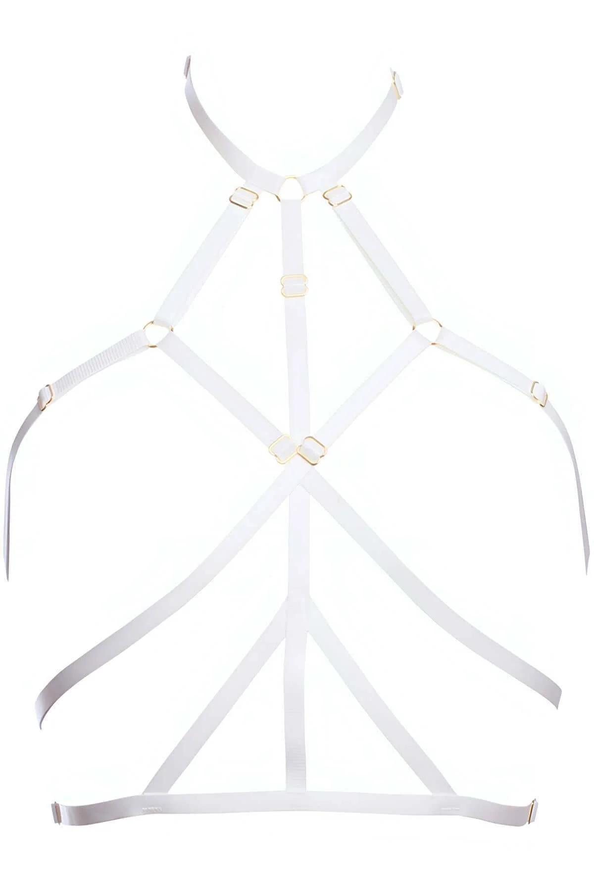 adjustable strappy bra harness white polyester band triangle criss-cross detail