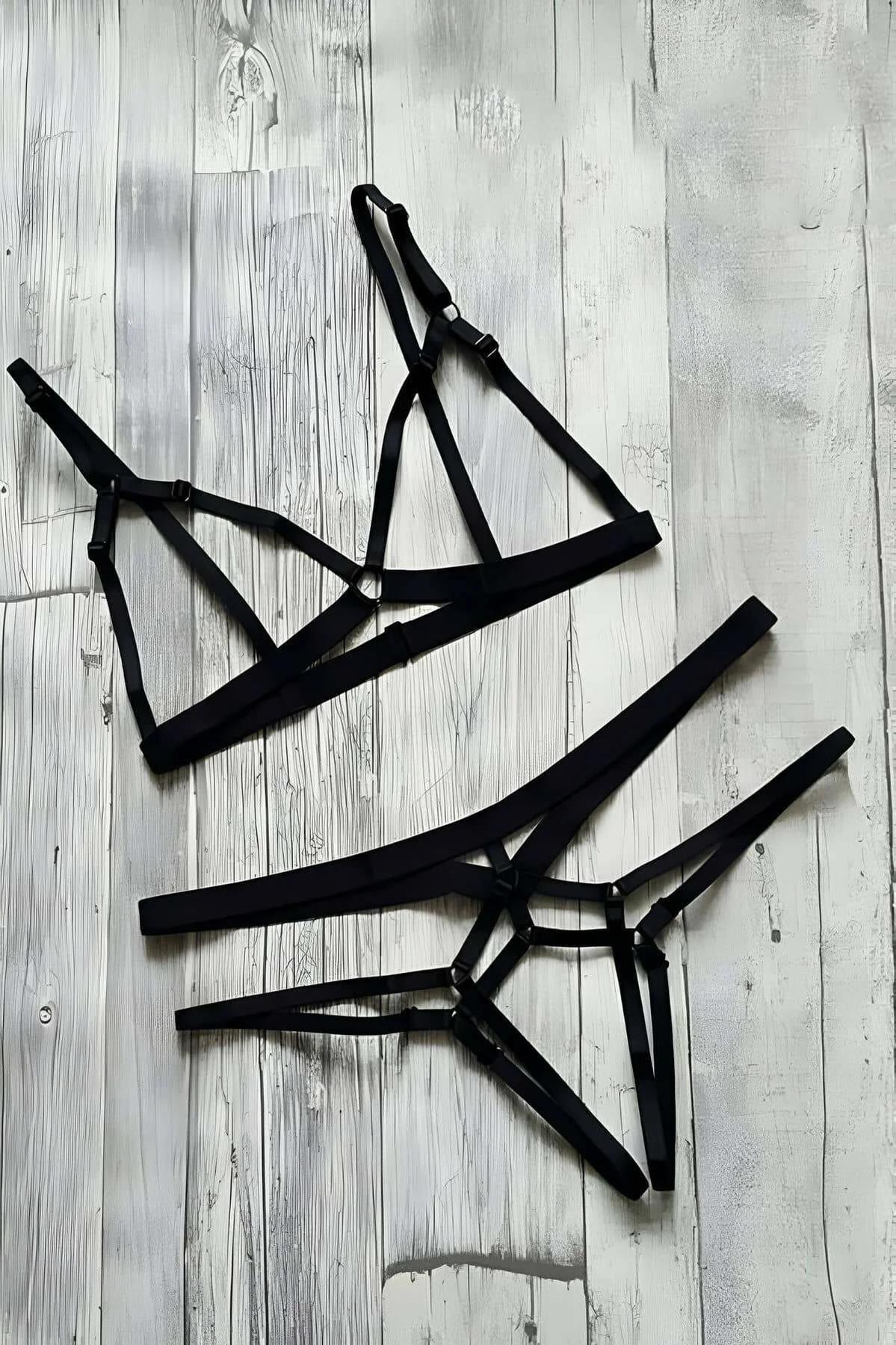 full black cage bra and cream panty harness two-piece lingerie set