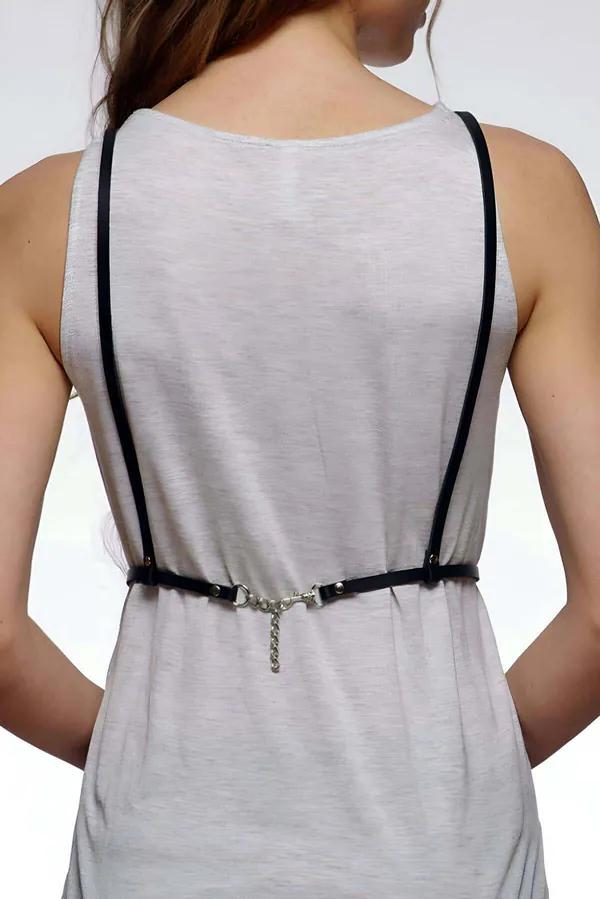 siyah vegan deri göğüs harness çapraz bant geometrik tasarım gümüş metal toka S-5XL