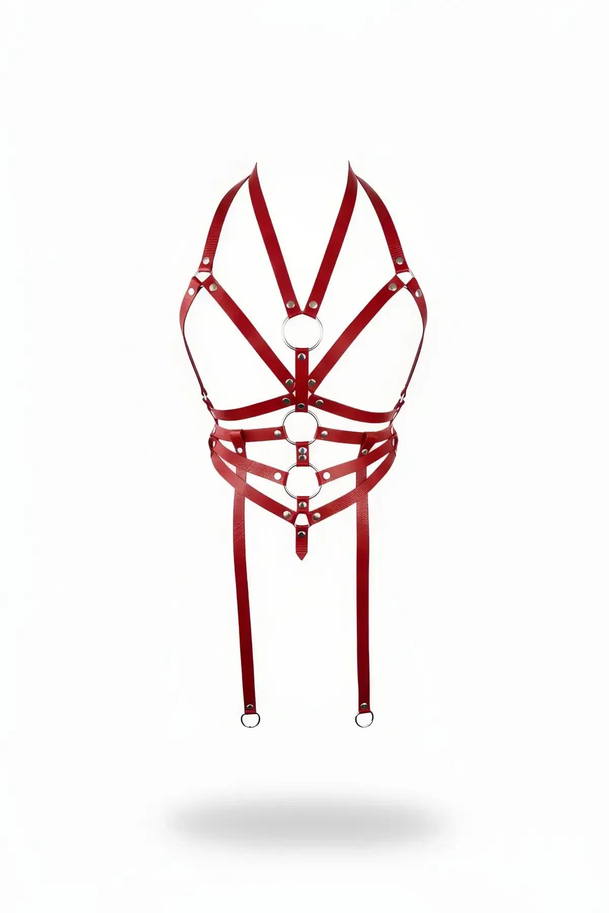 Red vegan leather O-ring halter chest harness with four silver O-rings and two dangling leg straps on white background