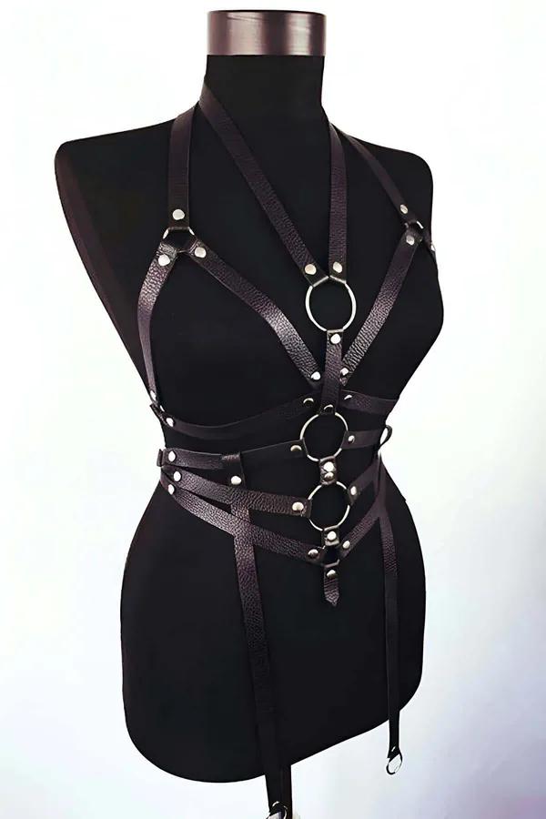 siyah suni deri tam vücut harness 3 gümüş O-halka perçin detay S/M-4XL/5XL beden