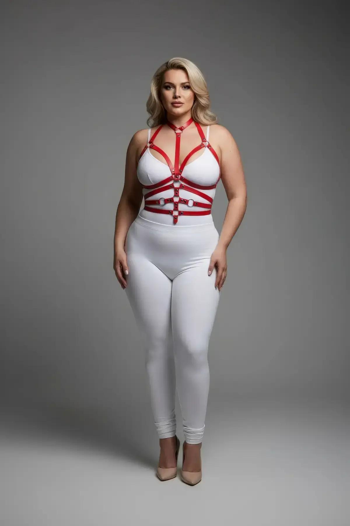 kırmızı PU deri harness bel bandı gümüş D-ring detayı büyük beden L-4XL