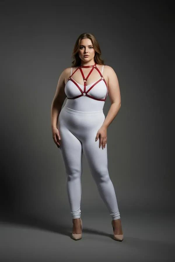 red faux leather strappy body harness with gold O-ring connectors worn as chest harness over white bodysuit