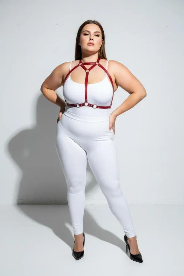 red faux leather strappy body harness with silver O-ring center, cage-style chest strap configuration