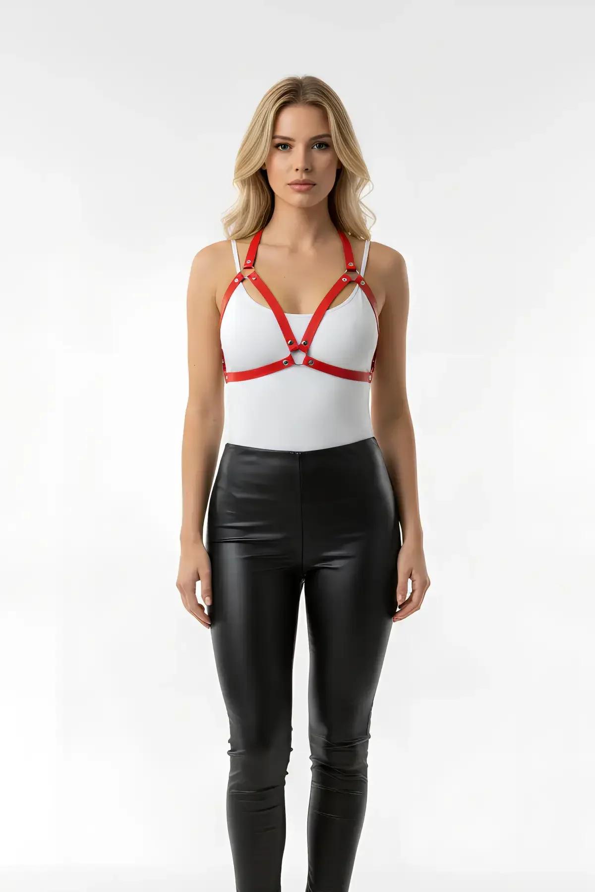 Red Faux Leather Chest Harness with Rivet Detailing