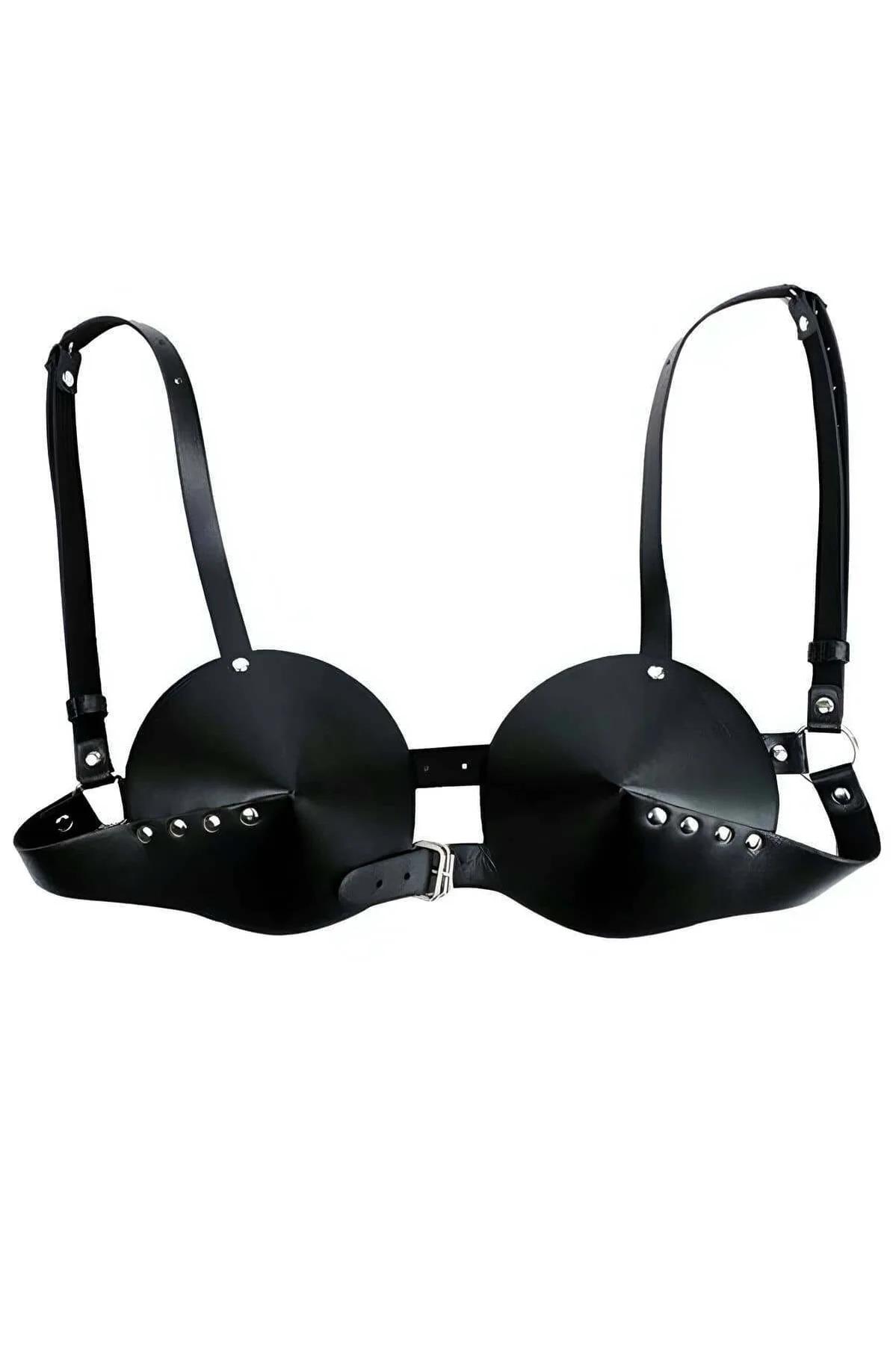 black vegan leather bralette harness front view center metal buckle detail