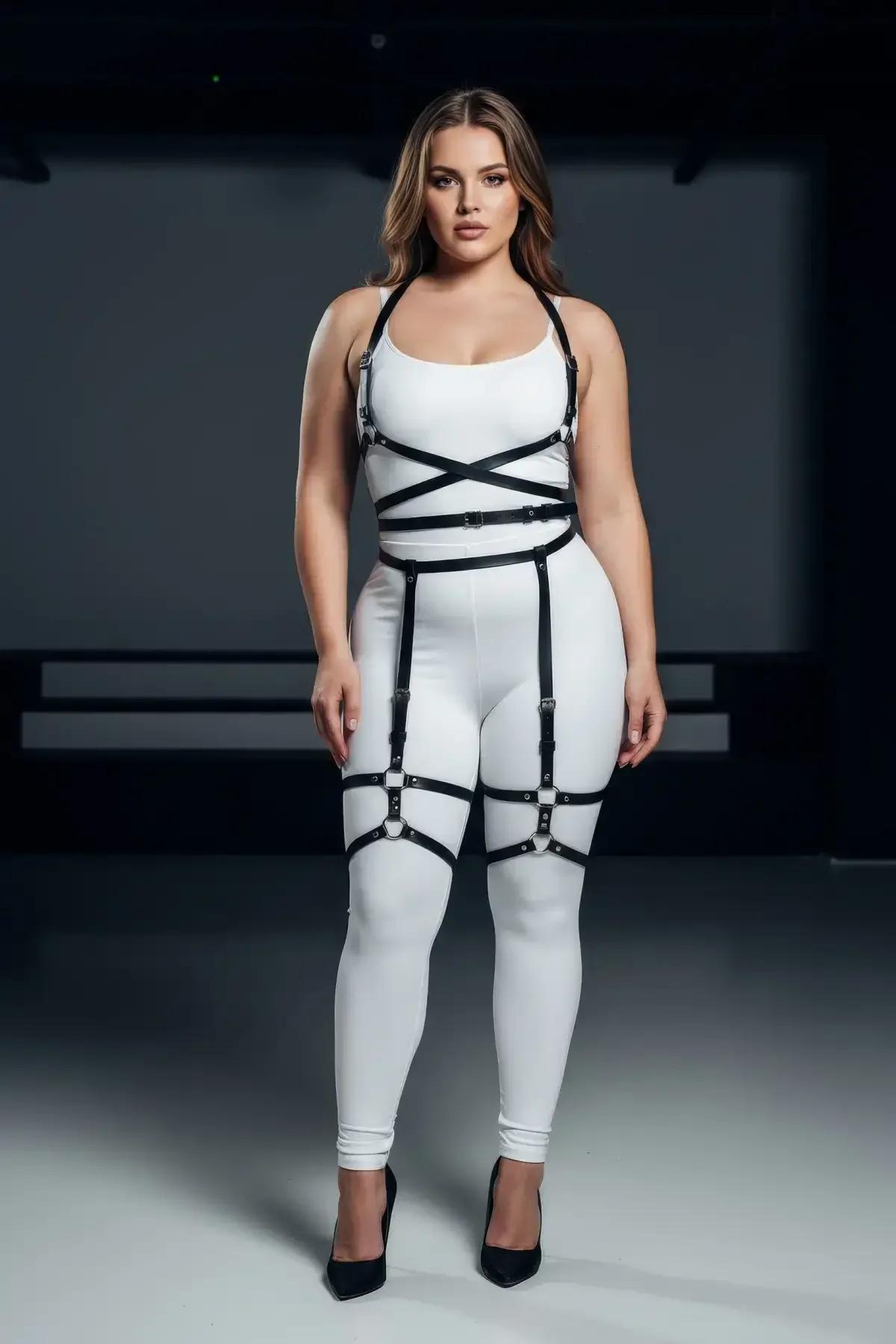 siyah vegan deri harness uyluk kafes şerit büyük beden yan görünüm