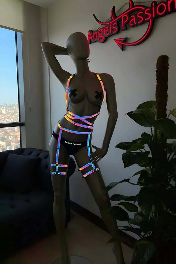 Reflektörlü harness karanlıkta neon sarı pembe yeşil yansımalı tam vücut tasarım