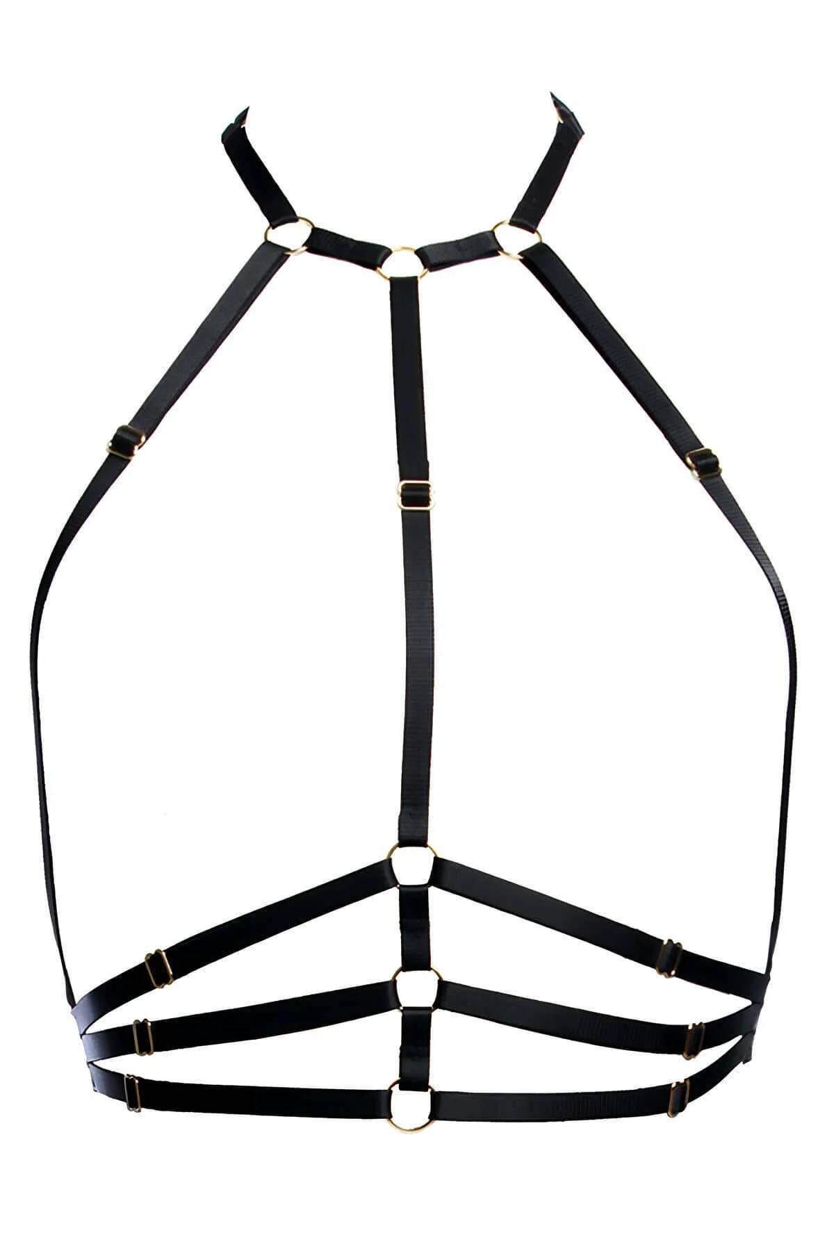 black elastic harness cage strap detail from neck to waist gold buckle side view
