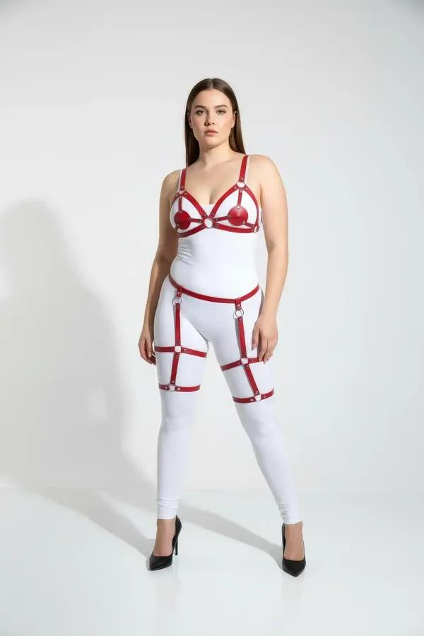 red faux leather strappy harness set with cage chest straps silver O-rings and thigh garter cages