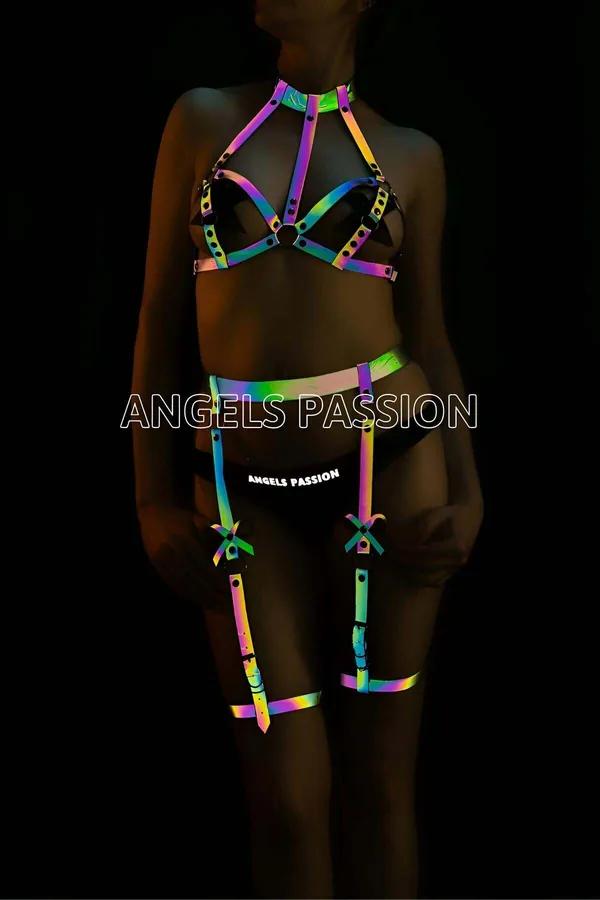reflektörlü harness jartiyer takım gökkuşağı renkli pembe yeşil sarı mavi yansıtıcı bantlar metal O-ring toka