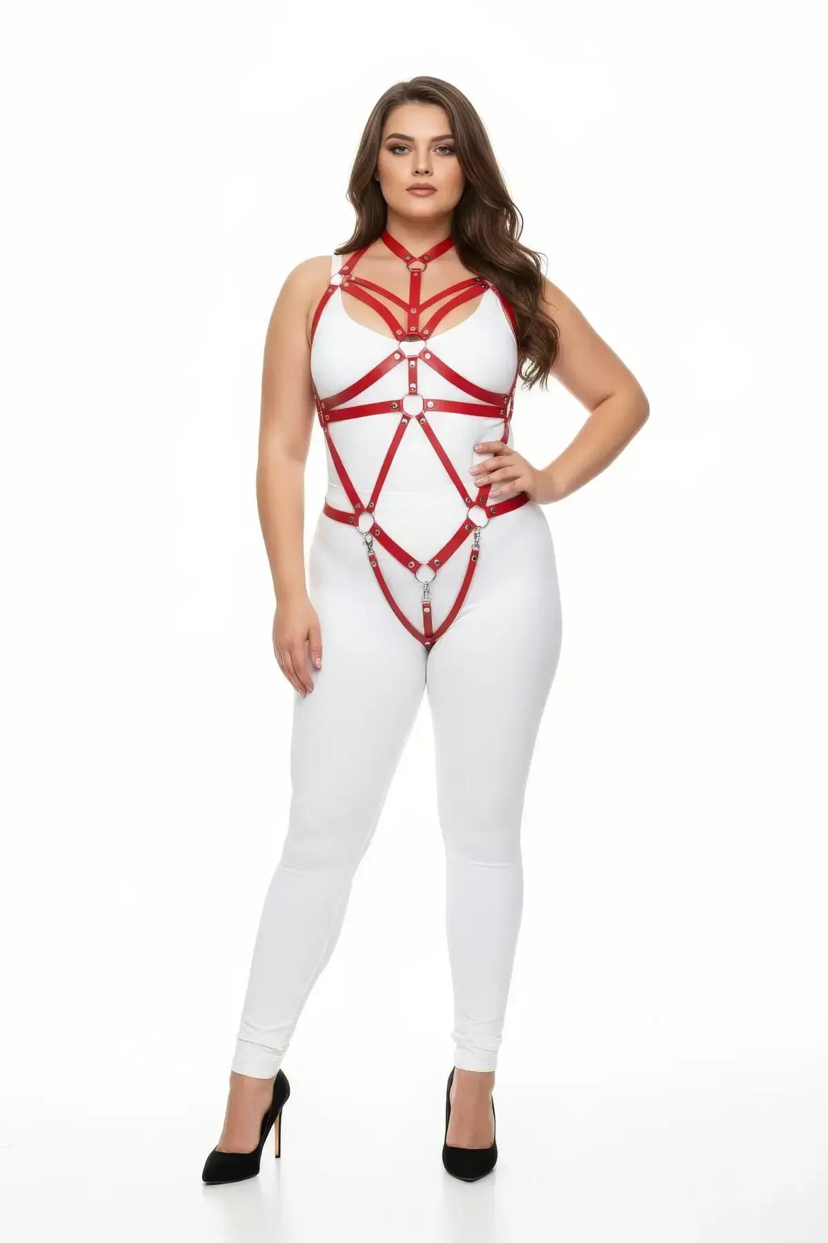kırmızı PU deri harness set boyun ve göğüs O-halkası detayı büyük beden model