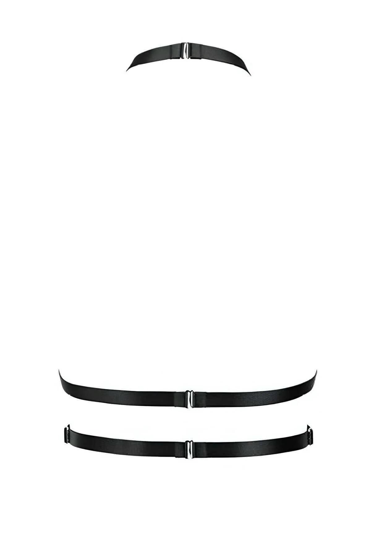 Front view of black PU strap chest harness showing Y-collar and three stacked silver O-rings