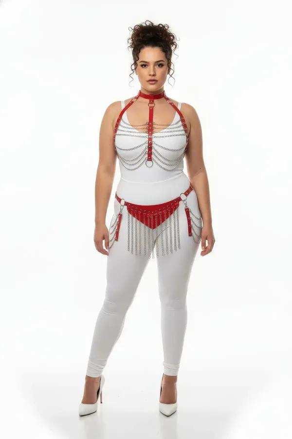 red faux leather harness set with silver chain fringe — choker, chest harness with draped chains and O-ring, studded waist be