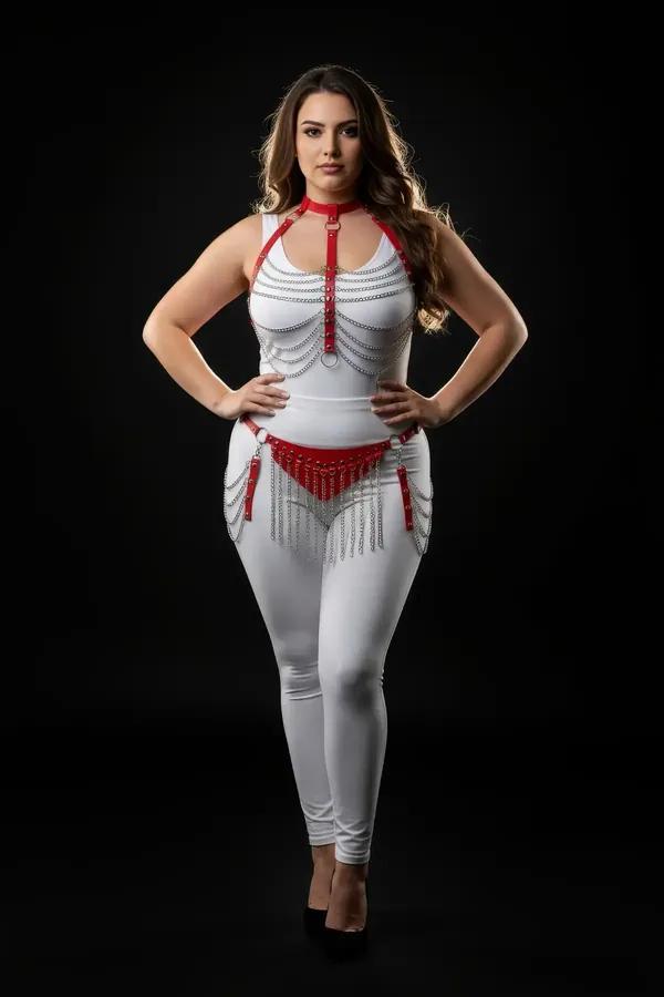 red faux leather harness set with silver chain fringe — choker, chest harness with draped chains and O-ring, studded waist be
