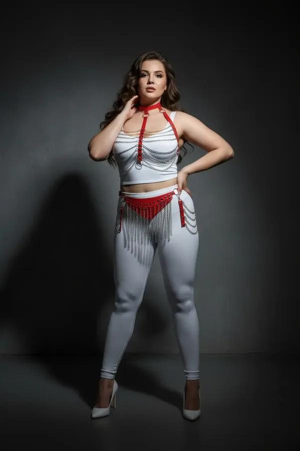 red faux leather harness set with silver chain fringe — choker, chest harness with draped chains and O-ring, studded waist be