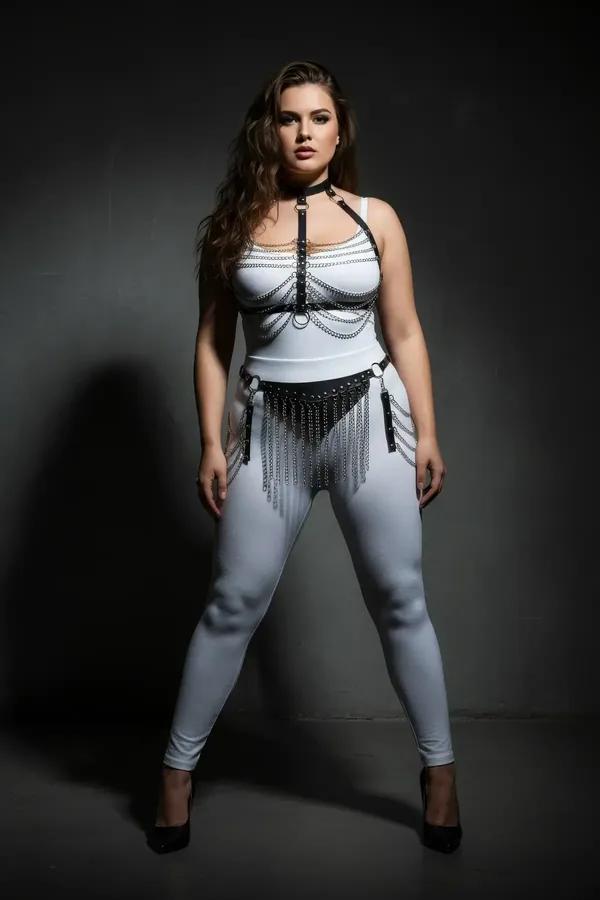 black faux leather chain harness set with multi-strand silver chains and fringe waist belt worn over white crop top