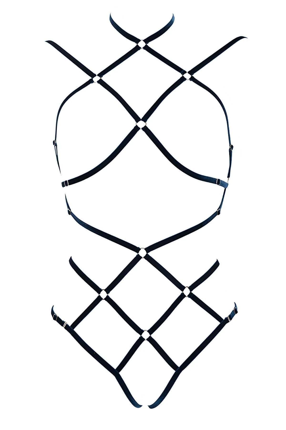 Side view of black elastic wrap waist bands on caged body harness with hip straps