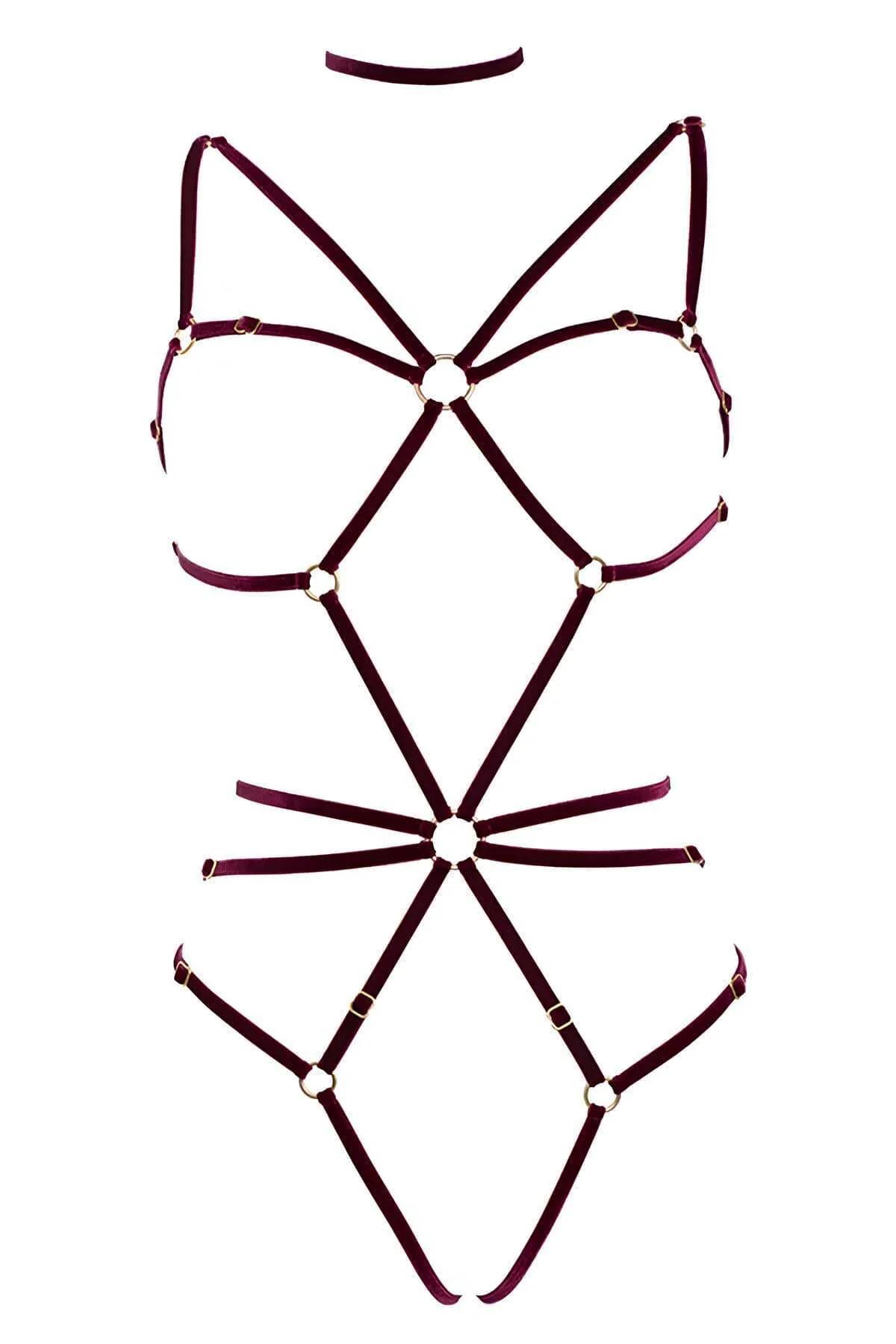 Side view of burgundy velvet body harness showing hip band and slider adjuster detail