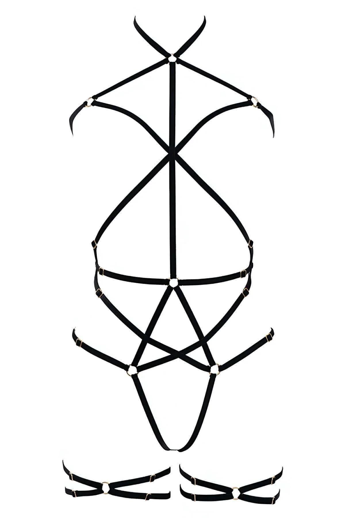 black nylon spandex body harness waist band double strap adjustable garter leg