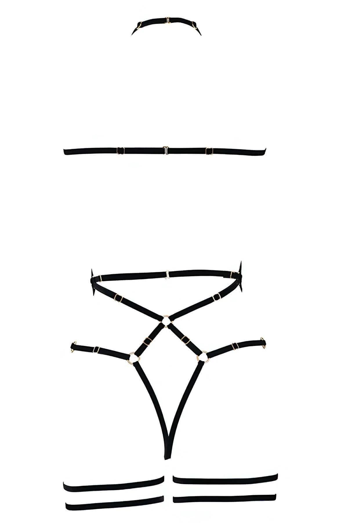 full body black elastic harness set geometric pattern waist-to-thigh cage view
