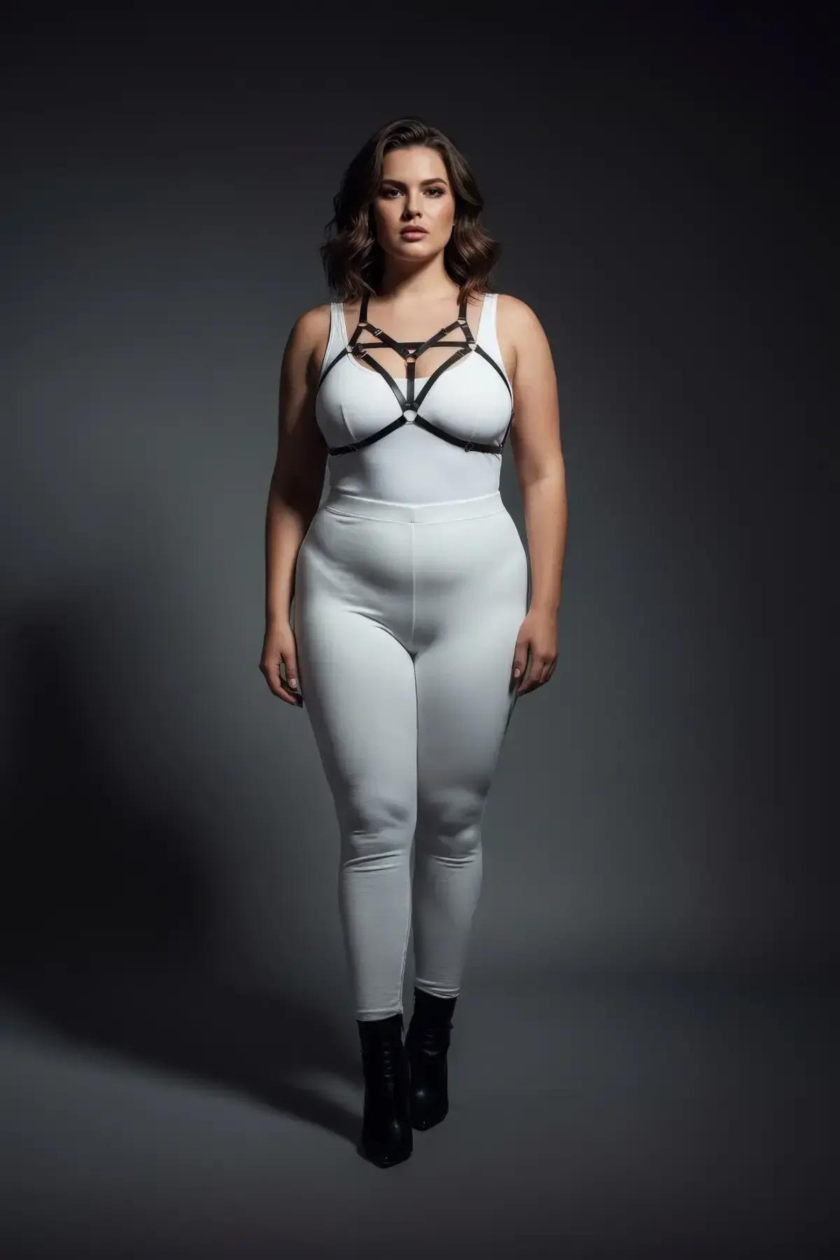siyah lastik harness beyaz üst giysi üzerine kombinlenmiş stil görünümü