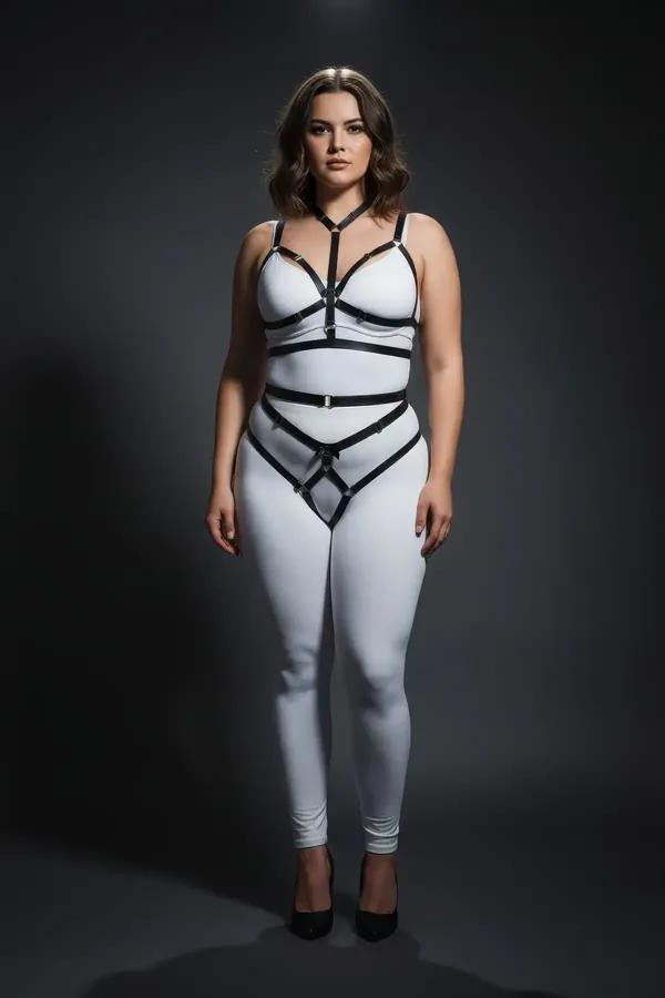 black vegan leather body harness and garter belt set with silver O-rings worn over white leggings, plus size model