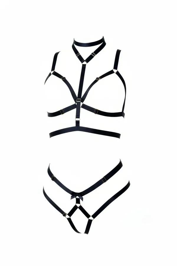 siyah elastik harness takım choker detaylı bralet ve külot seti gold toka aksan iki parça