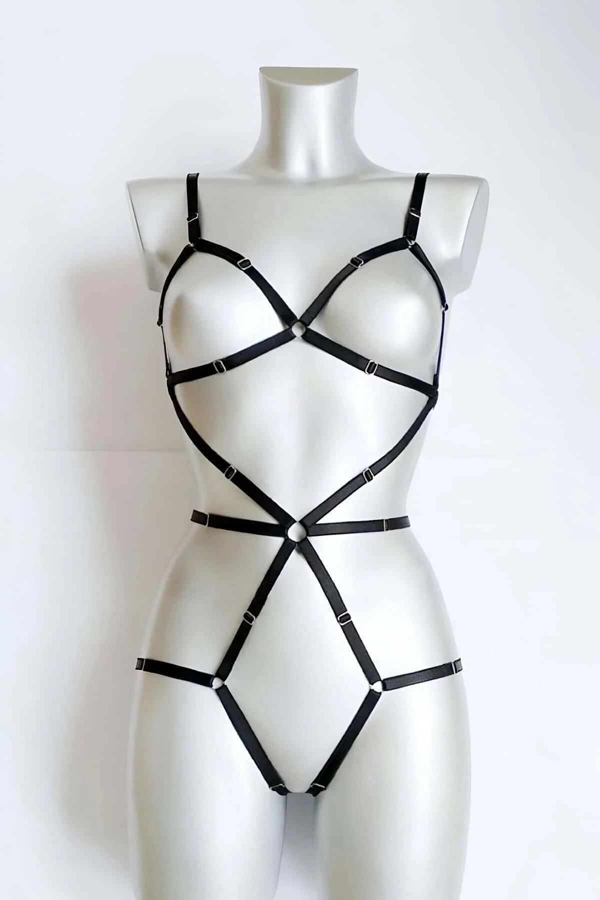 black elastic cage body harness with silver O-rings geometric V-frame and diamond strap pattern