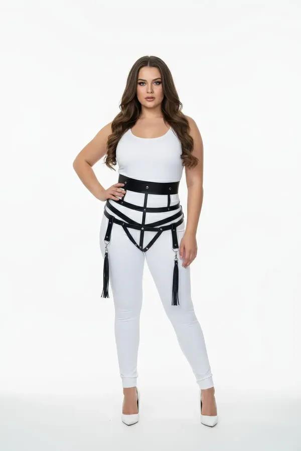 black faux leather wide strap cage harness with detachable tassel leg garters and silver O-ring hardware