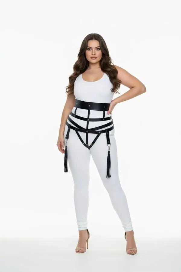 black faux leather wide strap cage harness with detachable tassel leg garters and silver O-ring hardware