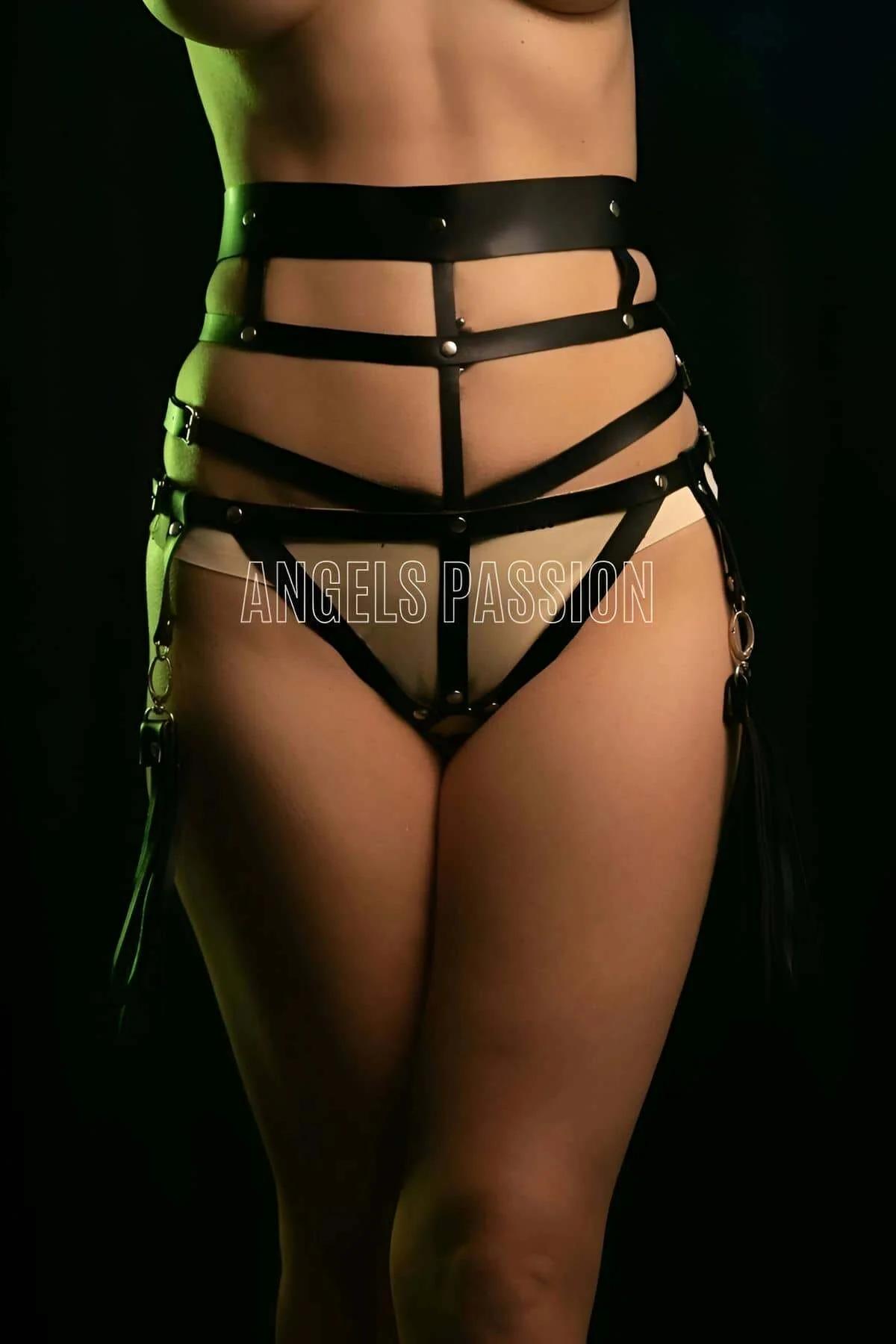 black faux leather waist hip harness V-shape front straps silver studs gold O-ring side tails